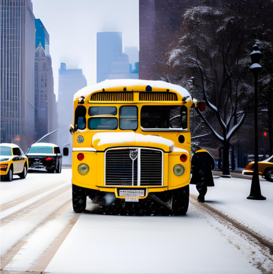 Yellow bus in snowing New York